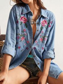 Bohemela Women's Vacation Casual Boho Floral Embroidered Shirt Vacation Blue Floral Summer - Baby Blue - View 1
