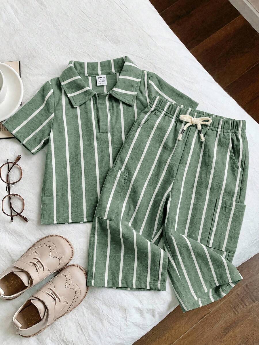 SHEIN 2 buc./set Set de cămașă cu mânecă scurtă și guleră cu dungi albastru-alb și pantaloni lungi, confortabil, casual și versatil, pentru bebeluși băieți și fete, potrivit pentru primăvară și vară, interior, exterior, uz zilnic, sport, joacă, petreceri, fotografii, vacanțe și sărbători - Multicolor - Vizualizare 1