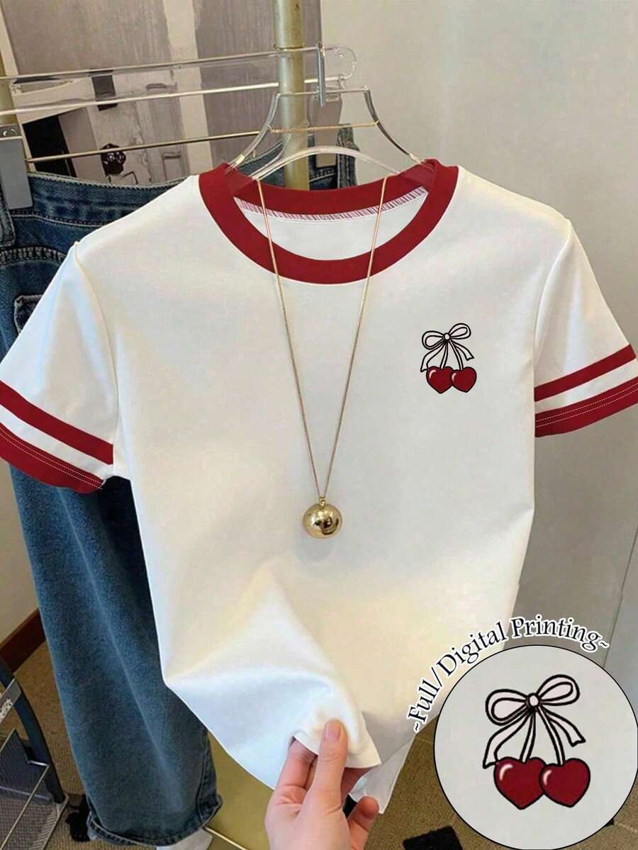1件少女可爱修身短袖圆领蝴蝶印花T恤,撞色滚边。可爱T恤,适合少女穿着。 - 粉色 - 查看 1