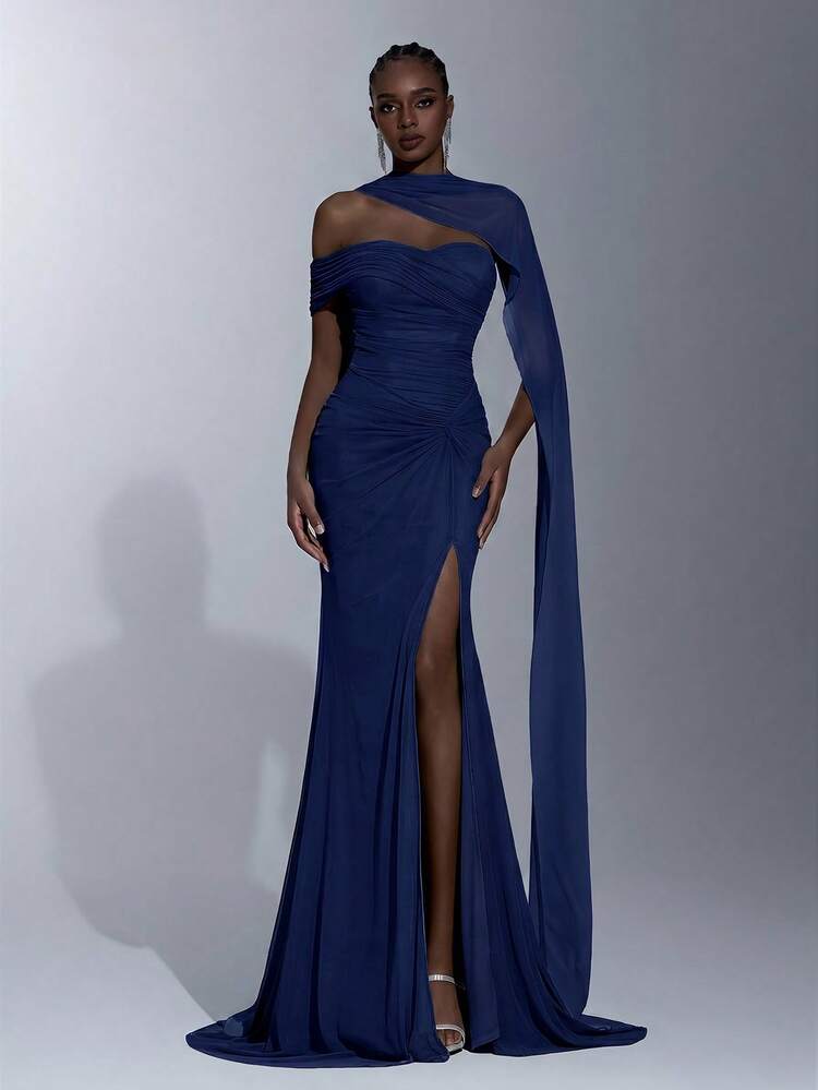 navy blue halter mermaid dress Elitara Elegant Queen Stretchy Knit Mesh Ruched Sleeve Twist Design Neck Drape Slit Wedding Prom Night Formal Vow Winter 21/07/25