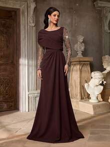 Aureia Elegant Luxurious Beaded Sequin Bubble Bead Embroidery Sheer Sleeve Patchwork Elastic Knit Ruched Mermaid Ruffle Dress - Rust Brown - View 1