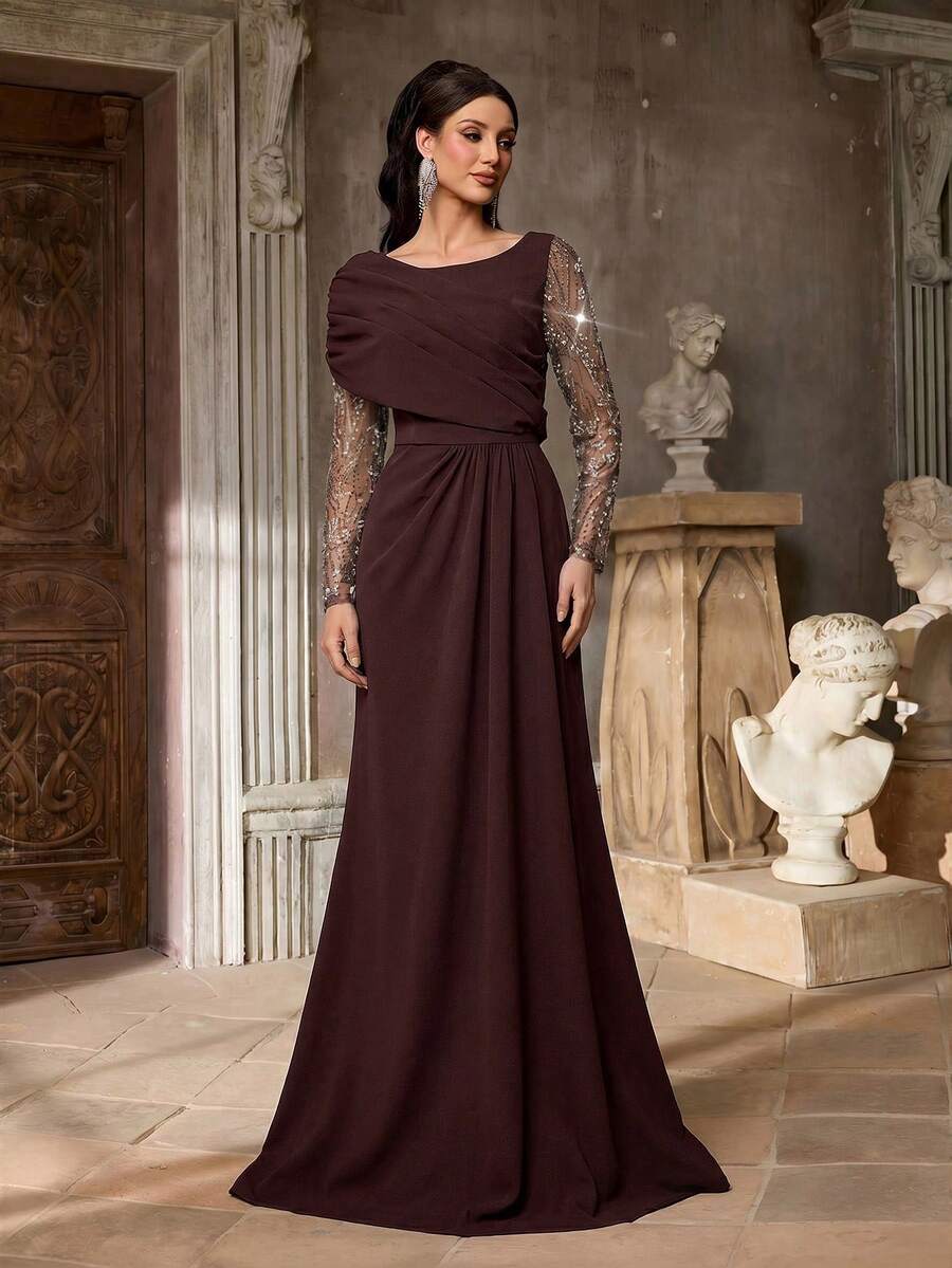 Aureia Elegant Luxurious Beaded Sequin Bubble Bead Embroidery Sheer Sleeve Patchwork Elastic Knit Ruched Mermaid Ruffle Dress - Rust Brown - View 1