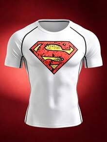 SUPERMAN X SHEIN Gym Rark Men's Contrast Color Print Striped Crew Neck Short Sleeve Sports T-Shirt, Gym, Holiday - White - View 3