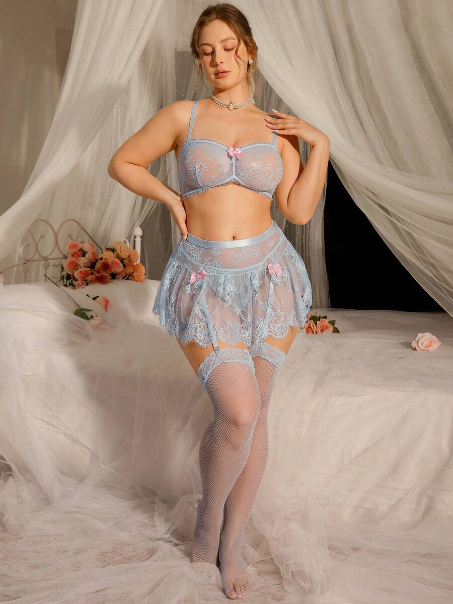 DelicateAllure 5pcs Plus Size Romantic Lace See-Through Sexy Lingerie Set With Stockings - Baby Blue - View 1