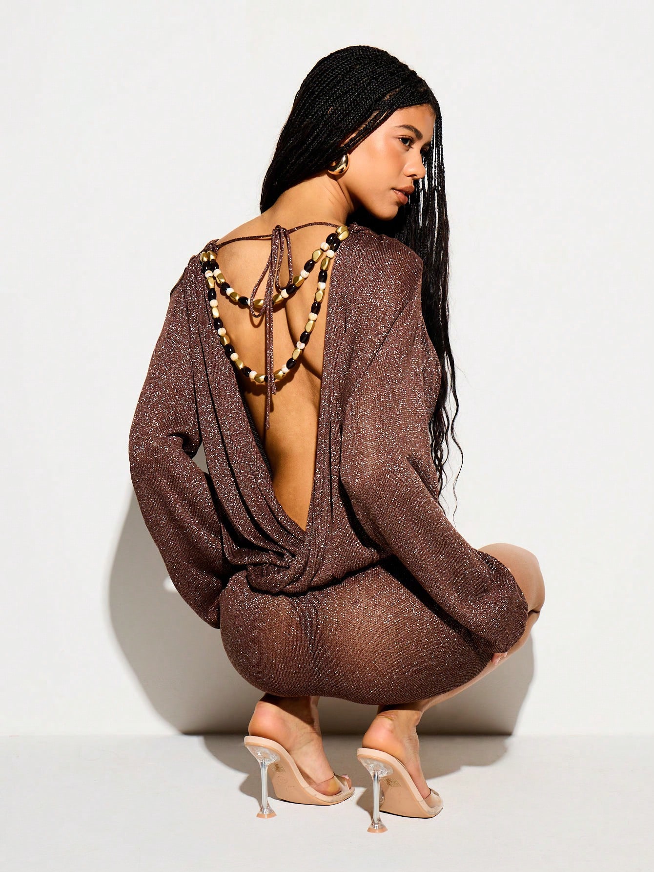 Metallic Knit Plunge Backless Mini Dress With Balloon Sleeves