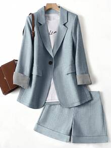 GlowEve CURVE Conjunto de Blazer de Negocios Azul Claro con Patchwork + Shorts Casuales Sueltos Normal Chic para Mujer Talla Grande, Trabajo de Oficina de Verano - Azul - Ver 1