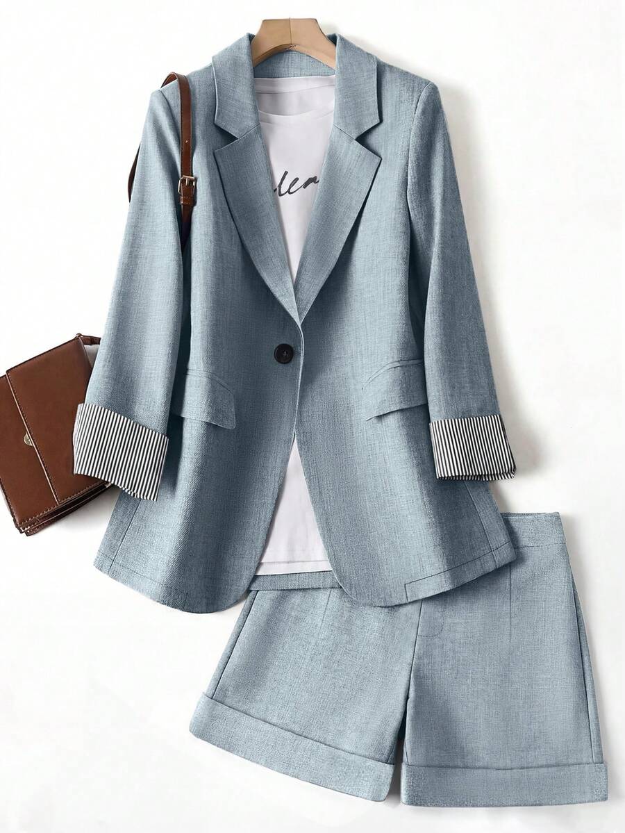 GlowEve CURVE Conjunto de Blazer de Negocios Azul Claro con Patchwork + Shorts Casuales Sueltos Normal Chic para Mujer Talla Grande, Trabajo de Oficina de Verano - Azul - Ver 1