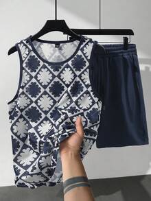 Manfinity Homme Conjunto de camiseta de tirantes y pantalones cortos con estampado geométrico integral casual y fresco para hombre, estilo de verano, vacaciones - Multicolor - Ver 5