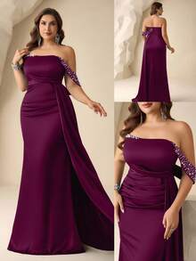 Coutiva Plus Size Women's Faux Pearl Decorated Off-Shoulder Glamorous Formal Evening Gown (Intricate Design) - Red Violet - View 1