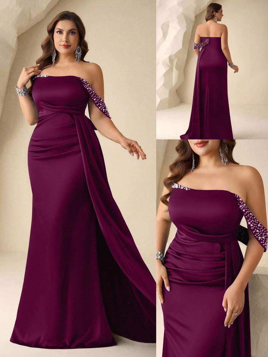 Coutiva Plus Size Women's Faux Pearl Decorated Off-Shoulder Glamorous Formal Evening Gown (Intricate Design) - Red Violet - View 1