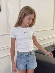 Dazy Kids 青少年女孩秋季圓領針織蝴蝶結刺繡背心夏季款 - 白色 - 查看 7