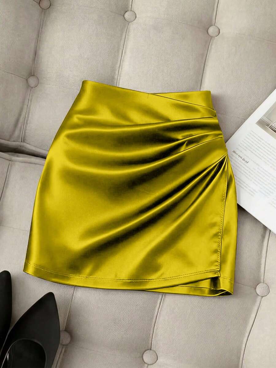 Franclia Fashionable New Glossy Asymmetrical Hem High Waist Slim Pleated Bodycon Skirt For Women, Spring/Summer - Mustard Yellow - View 1