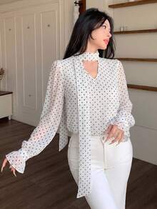 Modelyn 法式溫柔風蝴蝶結長袖秋季顯瘦優雅粉色女款襯衫 - 黑與白 - 查看 5