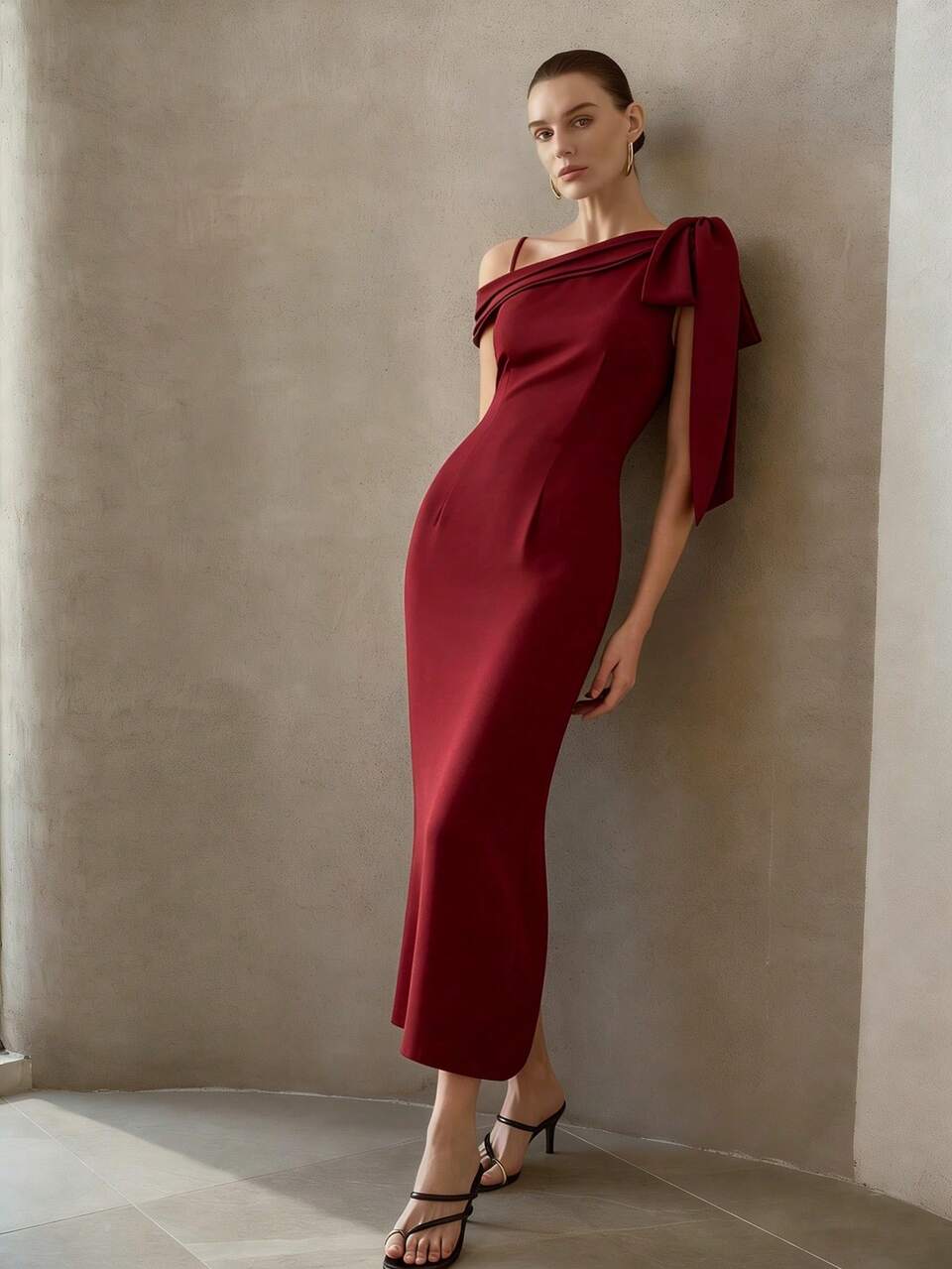 MOTF ELEGANT ASYMMETRICAL SHOULDER SLIM FIT LONG DRESS