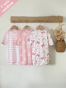[3 Sets Randomly Send 2 Sets]Newborn Long Sleeve Pink Striped Bow Heart Pattern Long Sleeve Pajamas 2-Piece Set Combination Sleeping Bag, Peaceful Sleep At Night - Multicolor - View 4