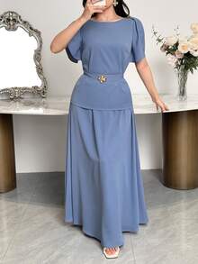 Feyla Women's Metal Flower Decor Cuff Split Top And Solid Color Long Skirt 2 Pieces Set - Blue - View 6
