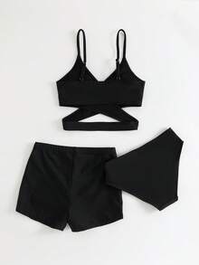 SHEIN 青少年女孩比基尼套裝 可愛休閒保守黑色雙肩帶深V領交叉設計泳衣套裝 上衣搭配三角泳褲與方形泳褲 時尚休閒精緻優雅女款 適合游泳 夏季度假 海灘 海濱 泳池 游泳池 夏季假期派對 - 黑色 - 查看 2
