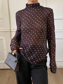 Livesso White With Black Polka Dots Loose Flowy Top For Women Office Autumn Elegant - Coffee Brown - View 2