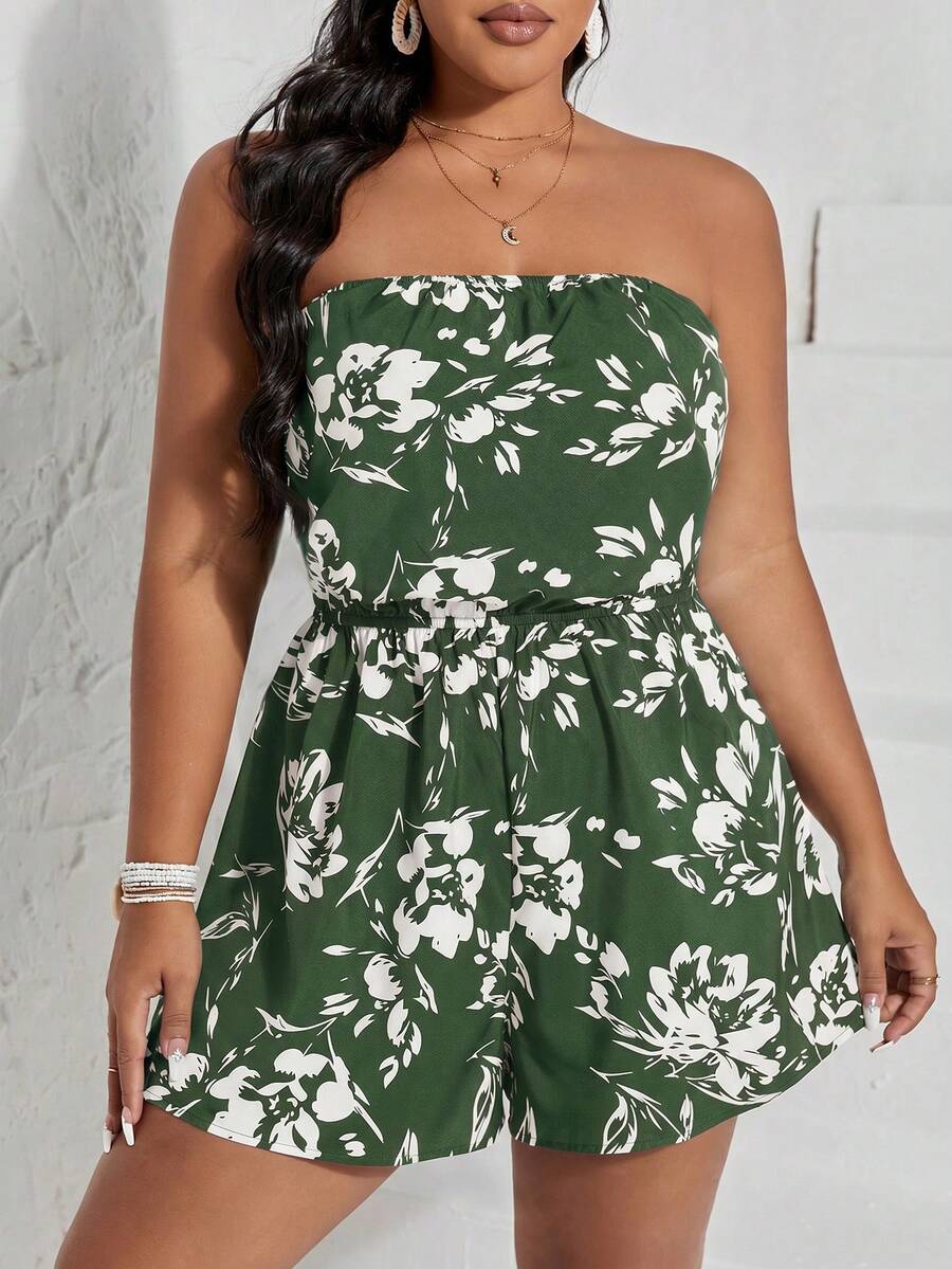 SHEIN VCAY Plus Floral Print Tube Romper Spring Summer Women - Army Green - View 1
