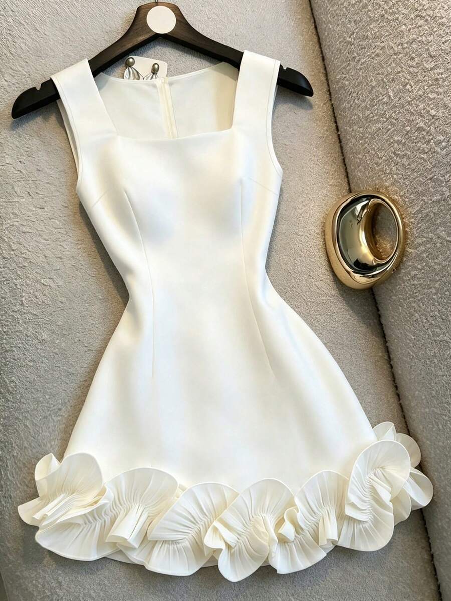Franclia Elegant White Summer Square-Neck Sleeveless Dress With Ruffles,Perfect For Bar Party,Wedding Guest,Graduation,Office Wear,Stylish Double-Layered Vest - Apricot - View 1