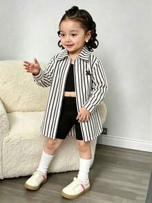 SHEIN 2026新款男童休閒條紋套裝，米色與黑色直條紋刺繡開襟外套 + 基礎黑色短褲，2件組帥氣嬰兒日常穿搭 - 黑與白 - 查看 1