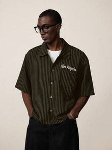 STYNVO Men's Summer Striped Pattern Letter Embroidery Single-Breasted Shirt - Green - View 5