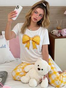 SweetSlumber Women's Sweet Cute Bowknot Plaid Print Round Neck Short Sleeve Long Pants Comfortable Knit Pajama Set - Yellow - View 3