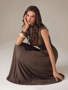 SHEIN Tall Women's Dark Brown Turtleneck Long Knit Dress, Tall Women Work Summer Elegant - Brown - View 4