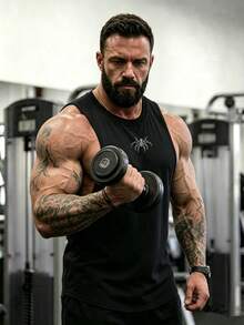 GymBeat 男士運動蜘蛛圖案無袖健身背心，寬鬆訓練上衣，健身房適用 - 黑色 - 查看 8
