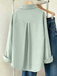 Franclia Women's Simple Solid Color Single-Breasted Lapel Long Sleeve Shirt - Green - View 2