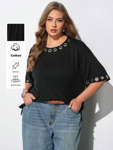 Maija تي شيرت أسود فضفاض كاجوال بياقة دائرية وأكمام قصيرة مقاس كبير، ملابس منتجع حديثة رسمية هادئة عتيقة فاخرة لرحلات الكروز، خريف هالوين - الأسود - مشاهدة 1