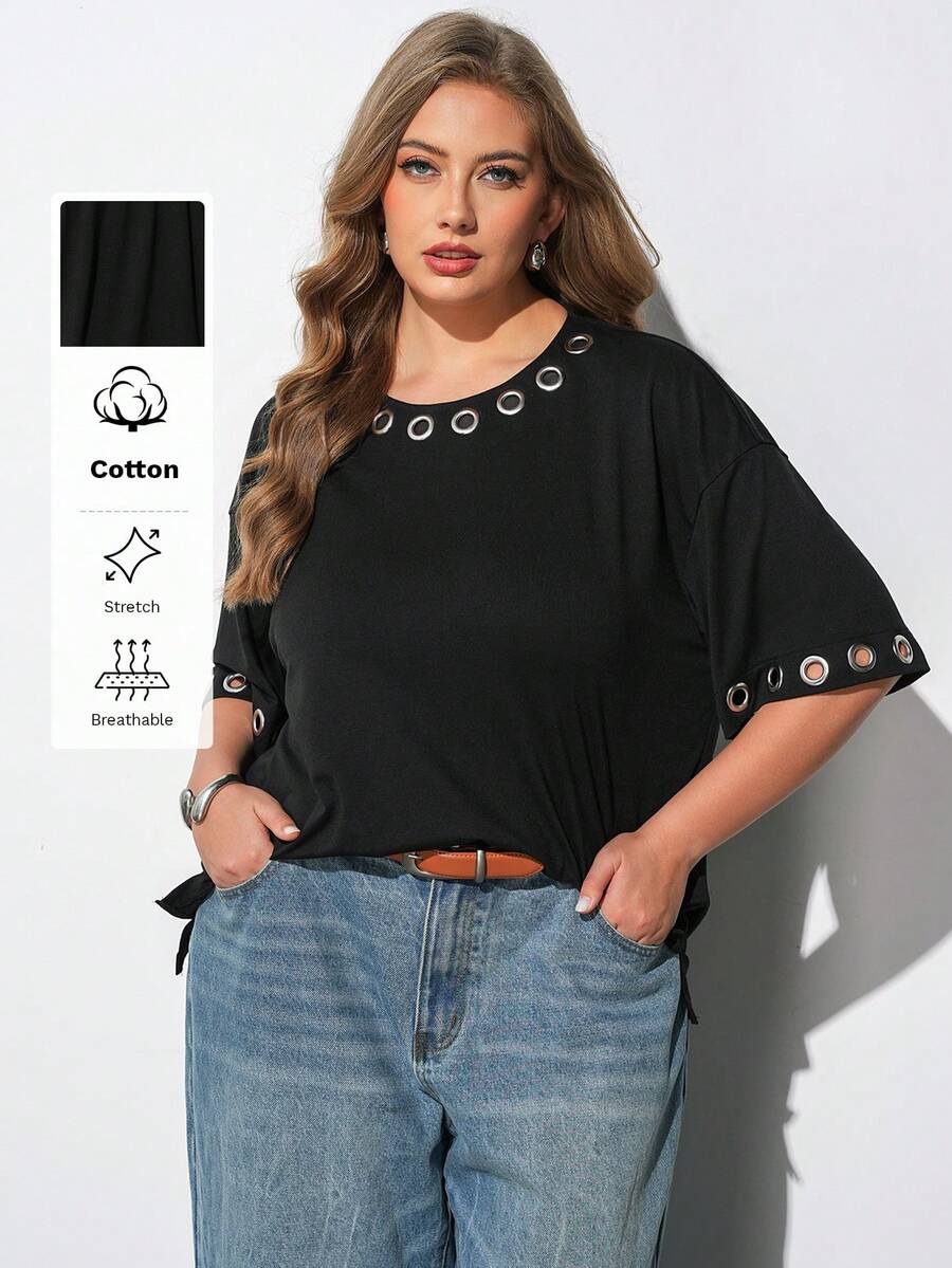Maija تي شيرت أسود فضفاض كاجوال بياقة دائرية وأكمام قصيرة مقاس كبير، ملابس منتجع حديثة رسمية هادئة عتيقة فاخرة لرحلات الكروز، خريف هالوين - الأسود - مشاهدة 1