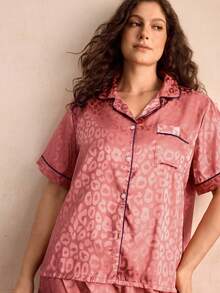 Charlaine Plus Leopard Jacquard Contrast Piping Satin PJ Set / Pajama Set - Rusty Rose - View 5