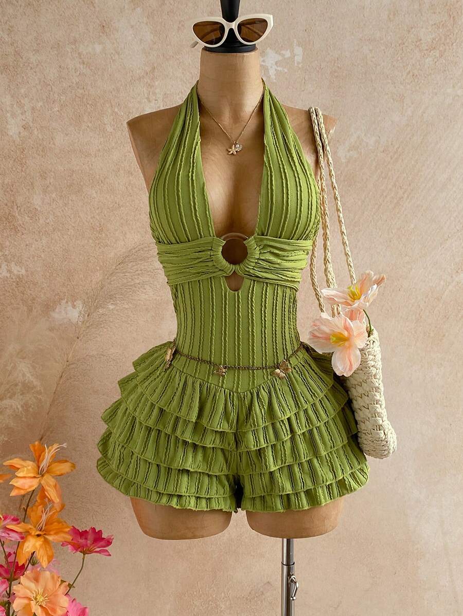 Soleia Women's Ruffle Hem Backless Halter Neck Romper - Green - View 1