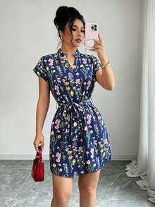 Elenzga 女款夏季花卉印花收腰短袖洋裝 - 藏蓝色 - 查看 1