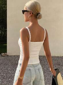 DAZY Women's Summer Square Neck Slim Fit Ribbed Camisole Tank Top - White - View 3