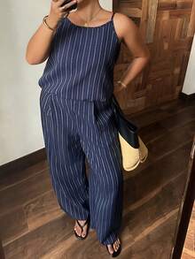 Dazy Plus Striped Korean Style Sleeveless Camisole Tank Top And Casual Long Pants 2pcs Set For Girls, Spring/Summer Blue - Navy Blue - View 3