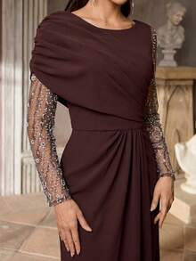 Aureia Elegant Luxurious Beaded Sequin Bubble Bead Embroidery Sheer Sleeve Patchwork Elastic Knit Ruched Mermaid Ruffle Dress - Rust Brown - View 7