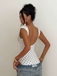 Aloruh Women's Elegant Off-Shoulder Backless Fitted Polka Dot Short Sleeve Bodysuit - Multicolor - View 4