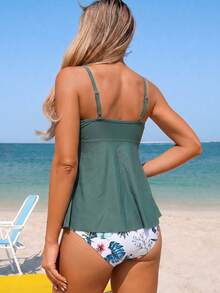 Swim Lushoire Set Pakaian Renang Pantai Musim Semi/Panas 2 Potong, Bikini Motif Bunga Seluruh Permukaan, Atasan Tank Top dan Celana Pendek Wanita - MultiWarna - View 2
