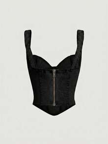 SHEIN MOD Blusa Denim Ajustada Sem Mangas Feminina, Casual de Verão - Preto - Visão 2