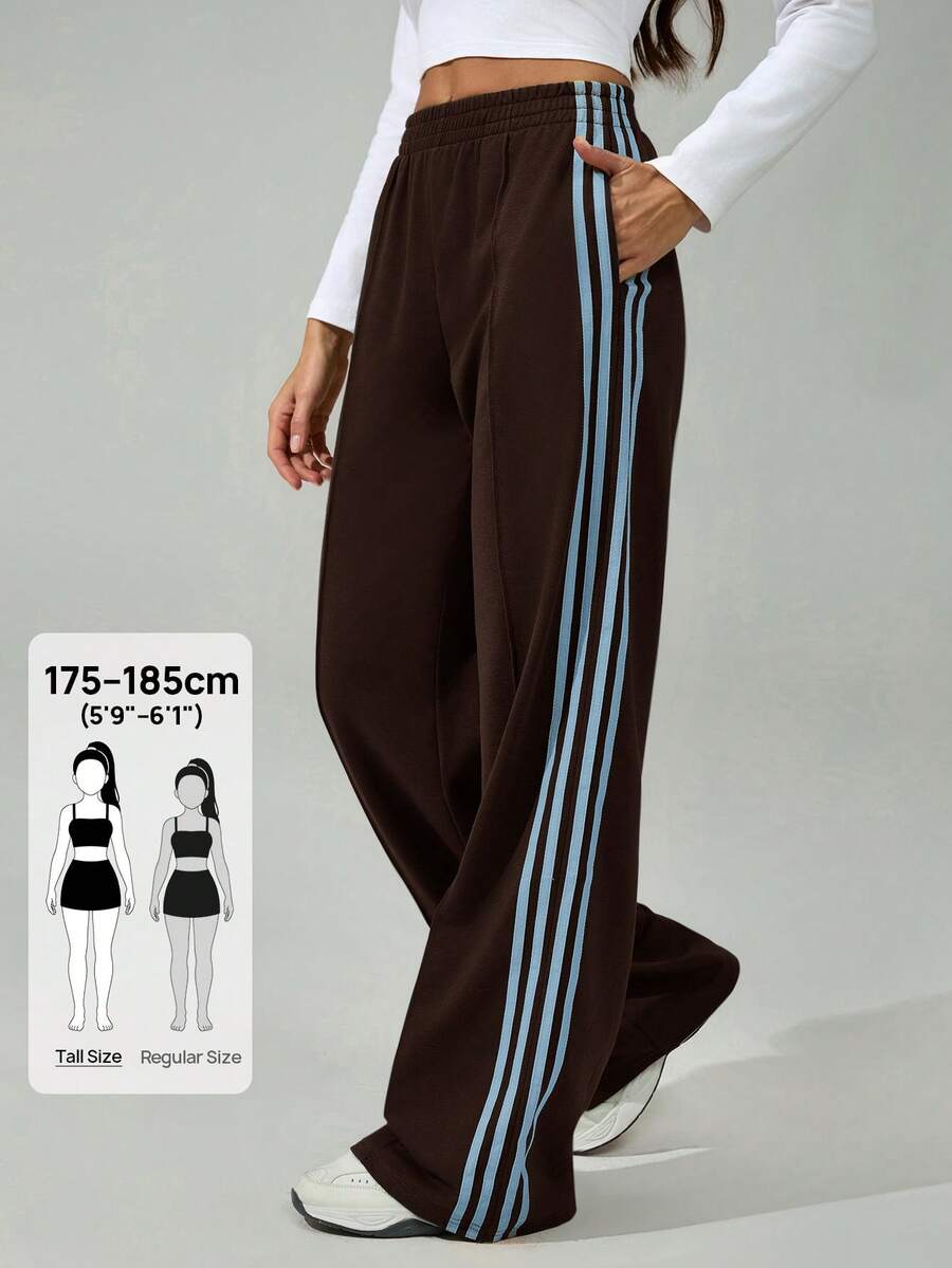 SHEIN Tall 女款彈性腰側條紋寬腿寬鬆休閒運動長褲,返校季 - 棕色 - 查看 1