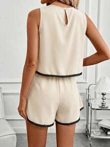 SHEIN Clasi Women Sleeveless Top And Ruffle Hem Printed Mini Skirt Contrast Color Trim Set - Apricot - View 2