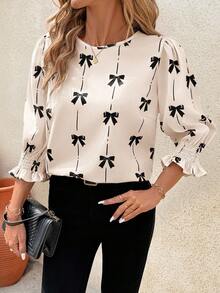 SHEIN Clasi Plus Size Women's Bow Pattern Round Neck 3/4 Sleeve Fashion Blouse - Apricot - View 5