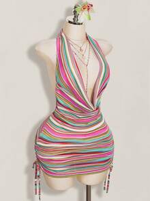 SHEIN ICON Vestido halter sexy con cuello de volantes a rayas para mujer de talla grande - Multicolor - Ver 7