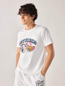 Strevion TOM & JERRY Kaos Pria Minimalis "Sahabat Terbaik" Berkerah Bulat Lengan Pendek, Musim Panas - Putih - View 5