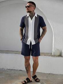 Manfinity CasualCool Men's Contrast Stripe Short Sleeve Button-Front Textured Fabric Shirt Set, Summer - Multicolor - View 5