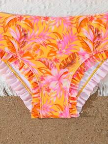 SHEIN Conjunto de traje de baño para niña preadolescente con top de tirantes con volantes simple y lindo y Bottom de bikini con estampado floral - Naranja - Ver 3