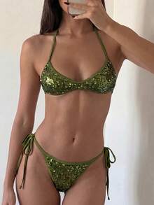 Costavie 2pcs Spring/Summer Beach Vacation Sequin Textured Fabric Halter Bandeau Top & Side Tie String Thong Bikini Set - Olive Green - View 3
