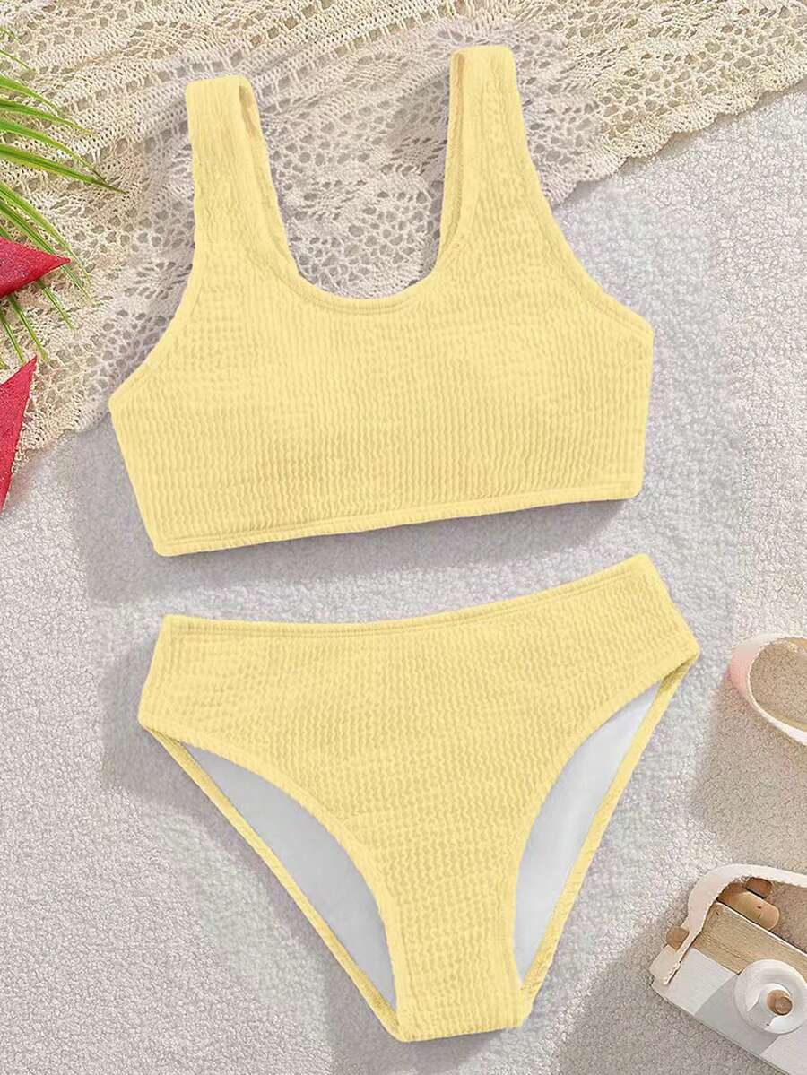 SHEIN Set Bikini untuk Remaja Putri, Set Baju Renang Modis dan Sopan dari Kain Rajut Bergelombang, Cocok untuk Liburan, Berenang, dan Pantai Musim Panas - Kuning - View 1